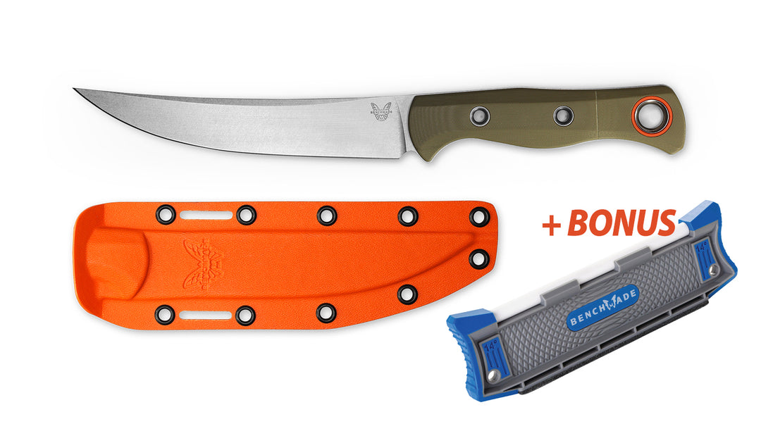 A Benchmade 15500-3 Meatcrafter fixed blade knife with an OD Green G10 handle and a satin finish blade, accompanied by an orange cerakote ring and a Boltaron sheath with orange and black colors.