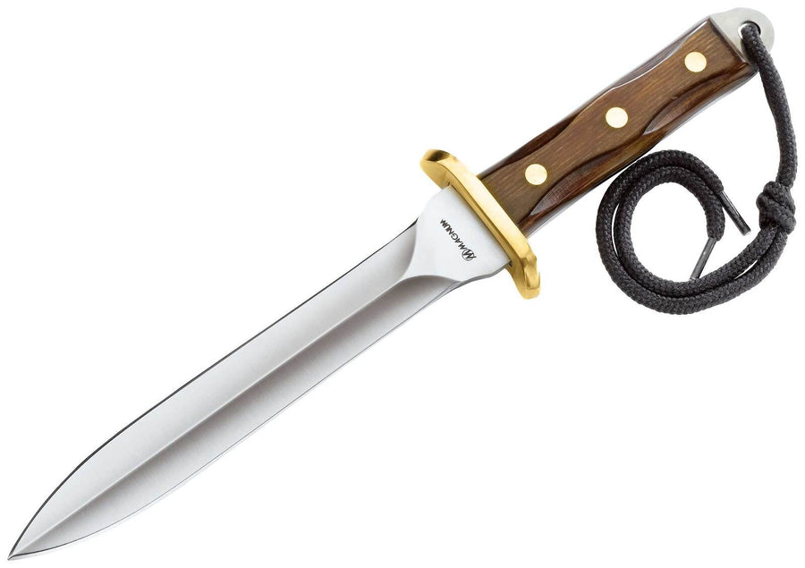 A fixed blade knife with a stainless steel dagger blade, brass handguard, and a brown hardwood handle. A brown leather sheath is also shown.