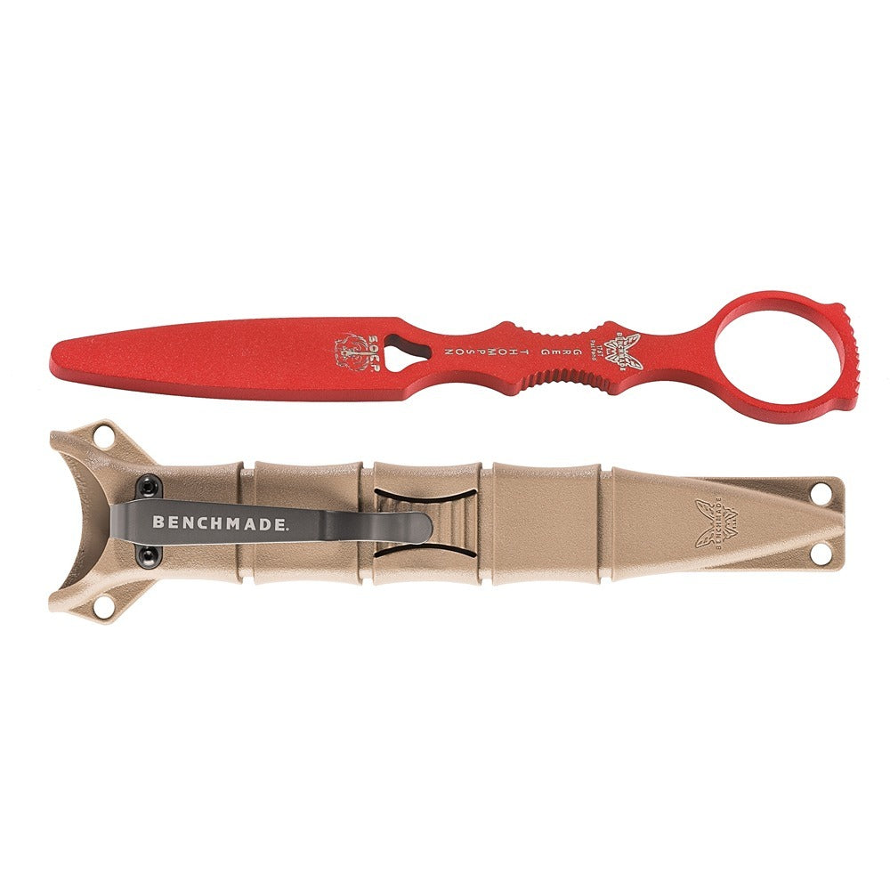 A red BENCHMADE 176T THOMPSON SOCP trainer knife with a sheath.