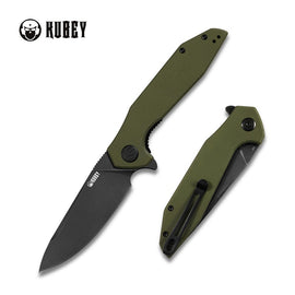KUBEY KU117E NOVA Flipper Folding Knife, Black Stonewashed D2, Green G10