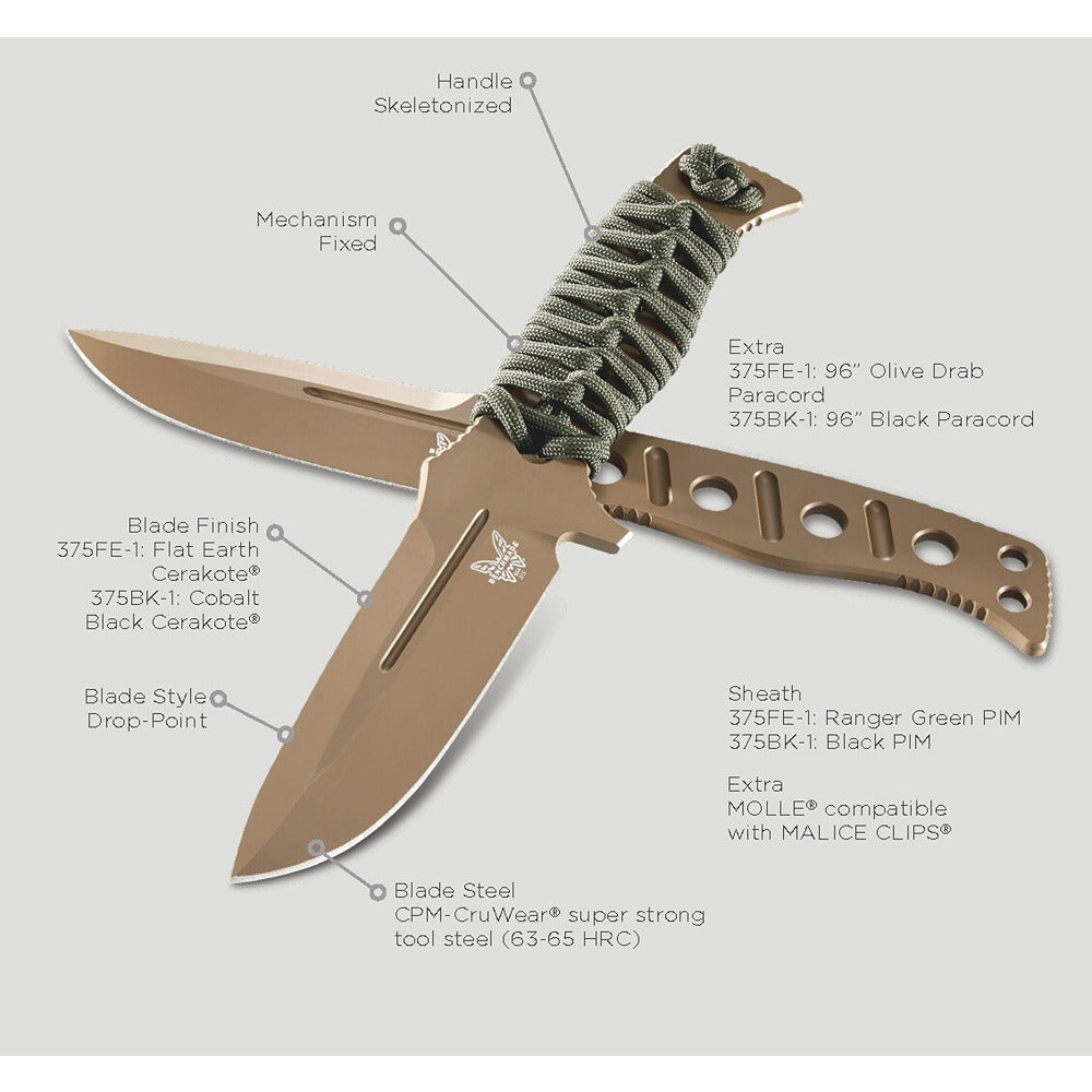 A Benchmade fixed blade knife with a brown handle and a silver blade, accompanied by a green sheath with a MALICE clip.