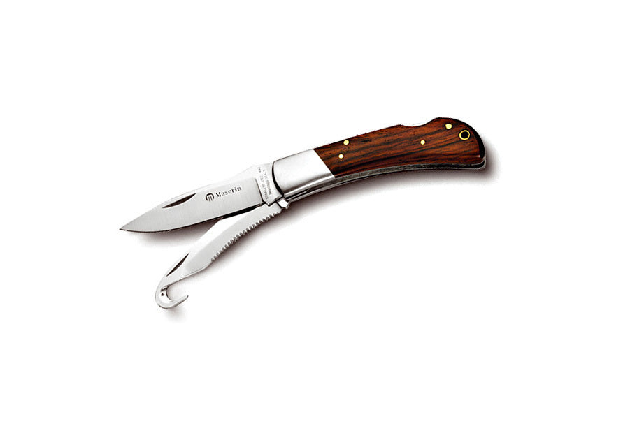 Maserin Hunting  Line multiblade, 75mm drop point and saw/guthook blade, cocobolo wood handle