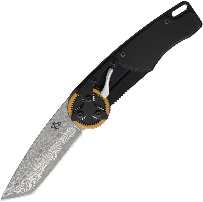 Mantis Gearhead Linerlock Damascus Tanto Knife with 3 inch blade and black aluminum handle | King of Knives e-store