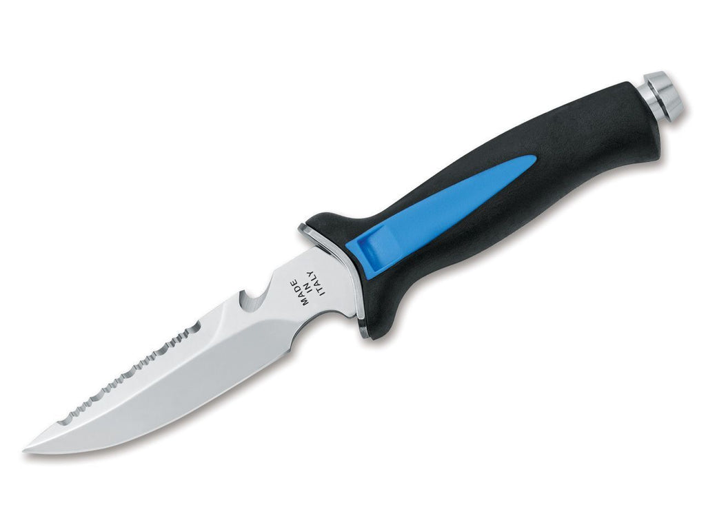 Maserin AQUATYS LINE  Diving knife with sheath, S/S Blade 12cm long 3.8mm thick, blue in black sheath.