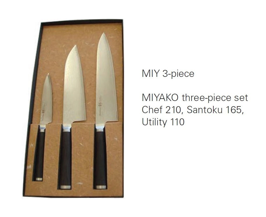 Miyako Shikisai Japanese set of 3 knives-chef, santoku ,utility - traditional damascus  blades