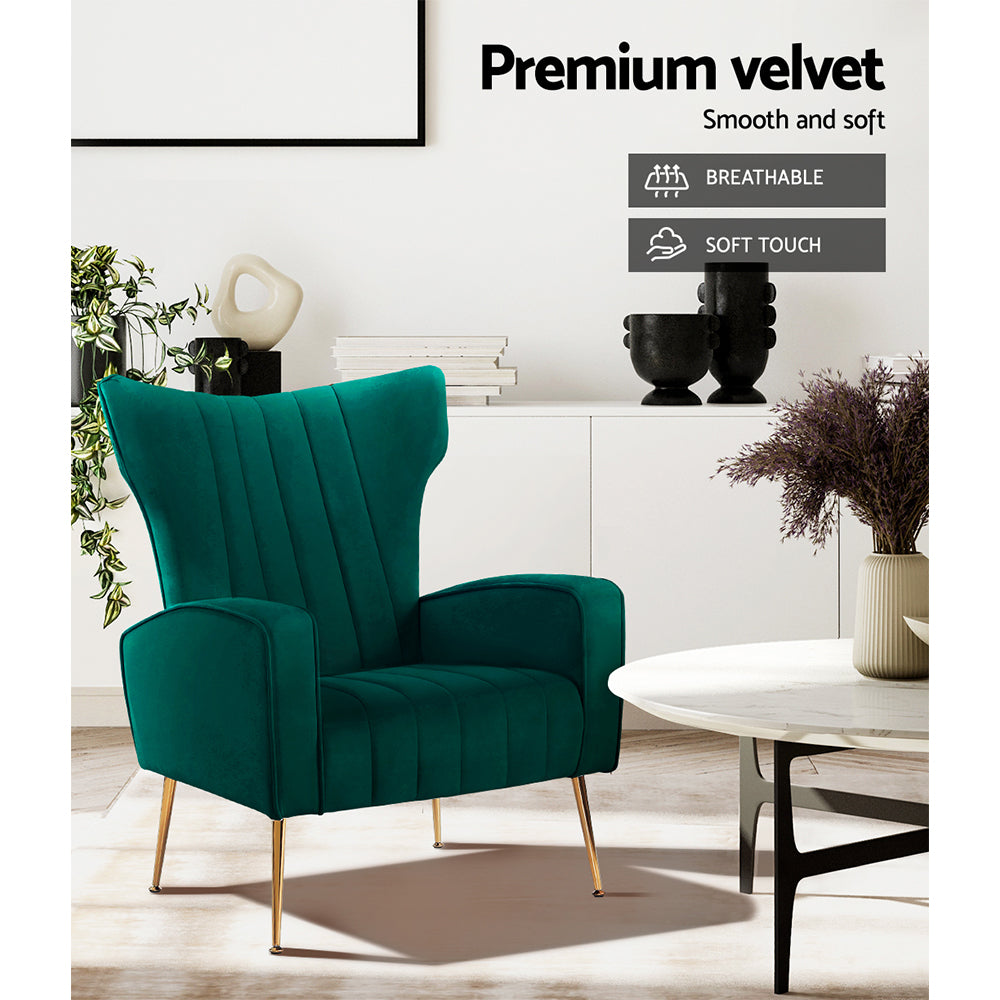 Artiss Kate Velvet Armchair Green – Stylish High-Back Lounge Chair | King of Knives e-store