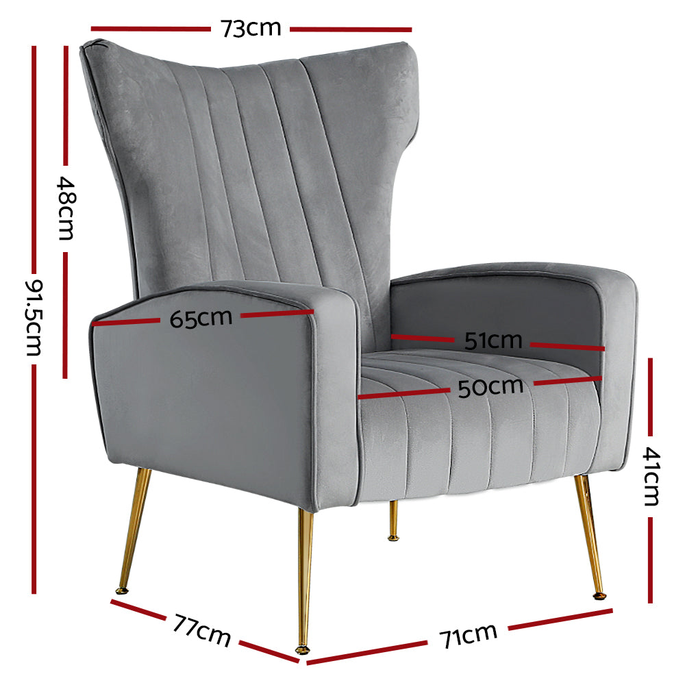 Artiss Kate Velvet Armchair Grey – Elegant High-Back Accent Chair | King of Knives e-store