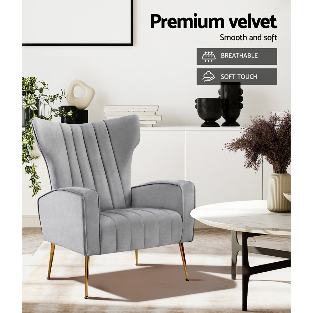 Artiss Kate Velvet Armchair Grey – Elegant High-Back Accent Chair | King of Knives e-store