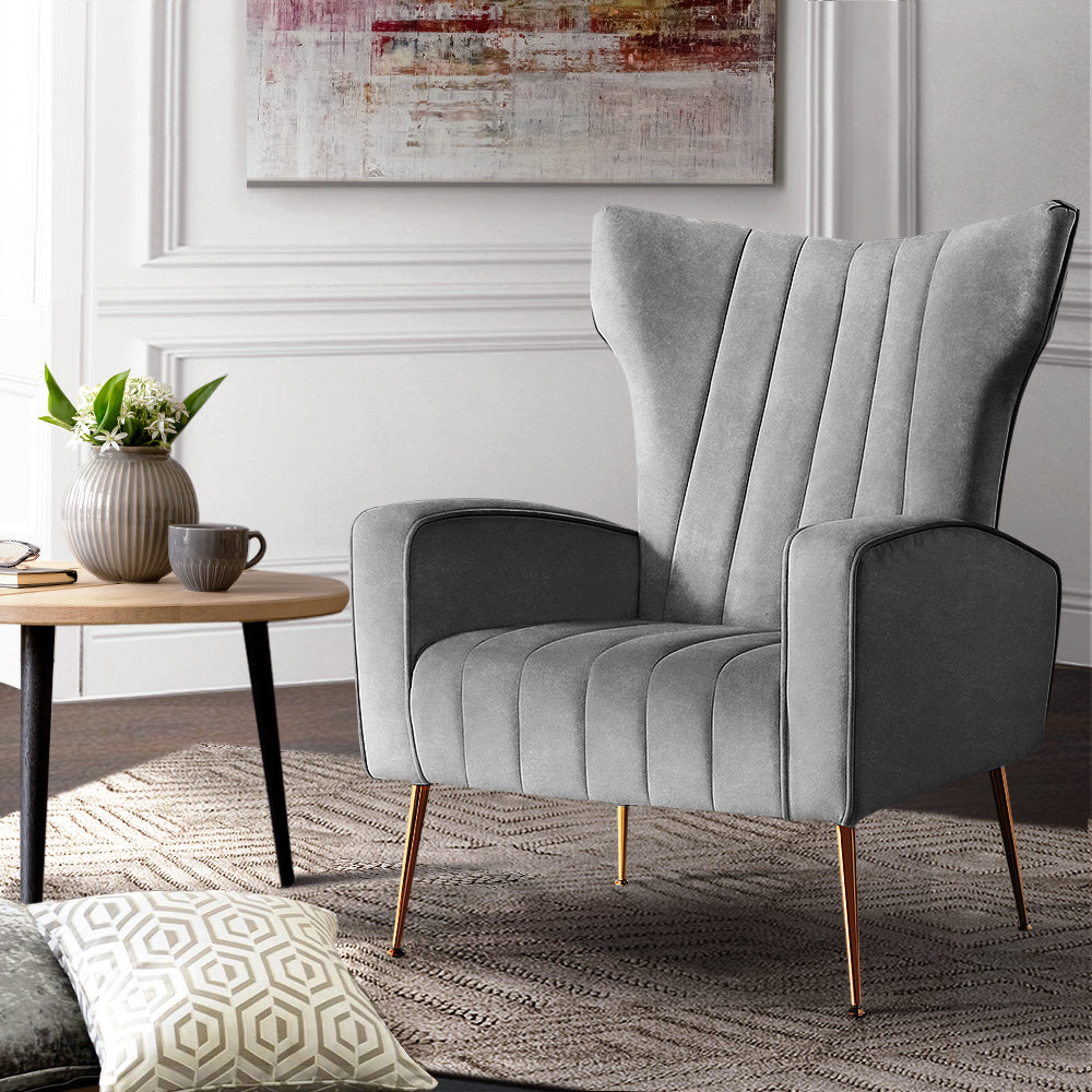 Artiss Kate Velvet Armchair Grey – Elegant High-Back Accent Chair | King of Knives e-store