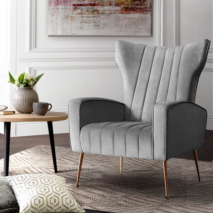 Artiss Kate Velvet Armchair Grey – Elegant High-Back Accent Chair | King of Knives e-store