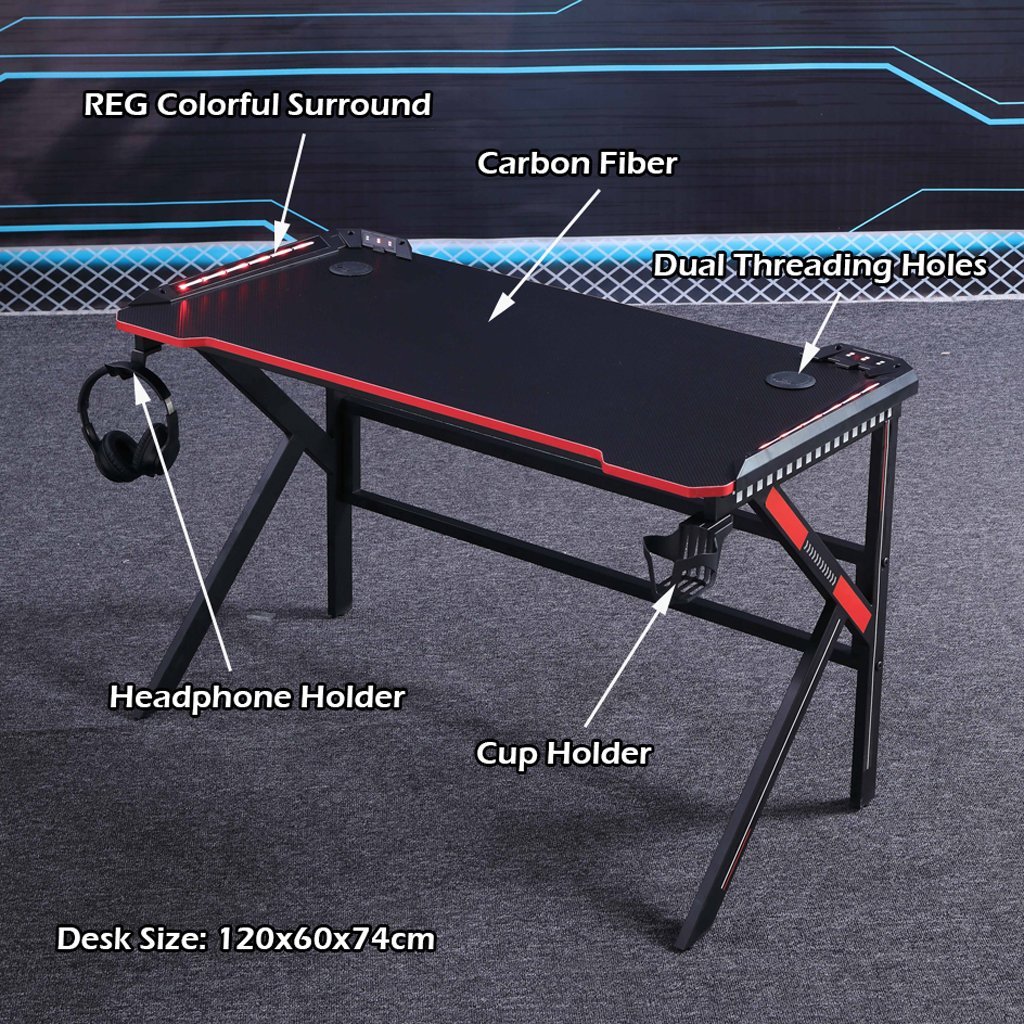 120cm Gaming Desk Black with RGB & K-Shaped Legs for Home Office