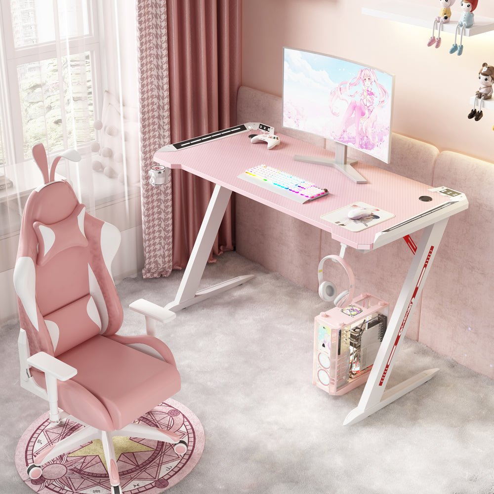 120cm RGB Gaming Desk Pink with LED Lights & Z-Shaped Frame