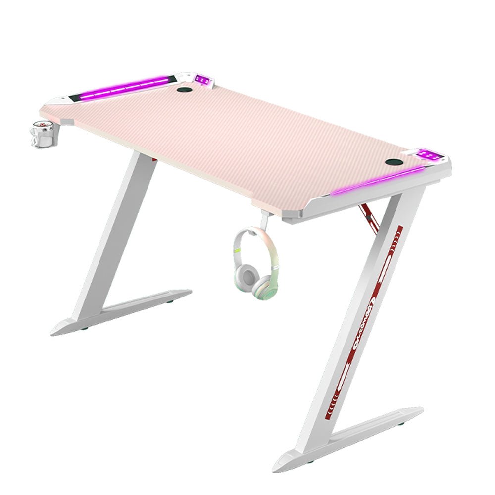 140cm RGB Gaming Desk Pink with LED Lights & Carbon Fiber Top