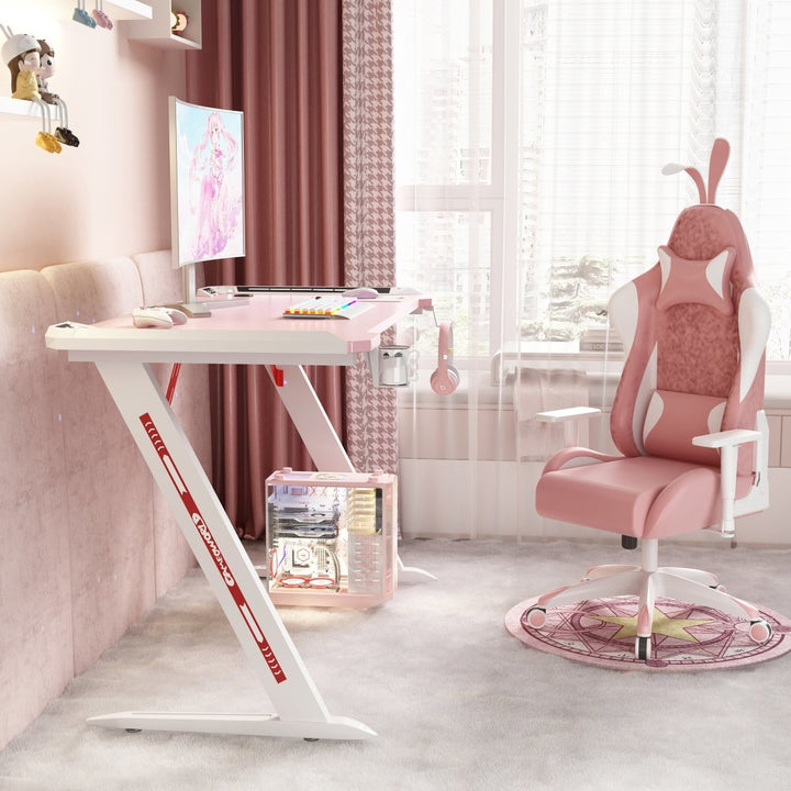 140cm RGB Gaming Desk Pink with LED Lights & Carbon Fiber Top