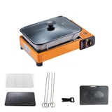 Portable Gas Stove Burner Butane BBQ Camping Gas Cooker With Non Stick Plate Red with Fish Pan and Lid