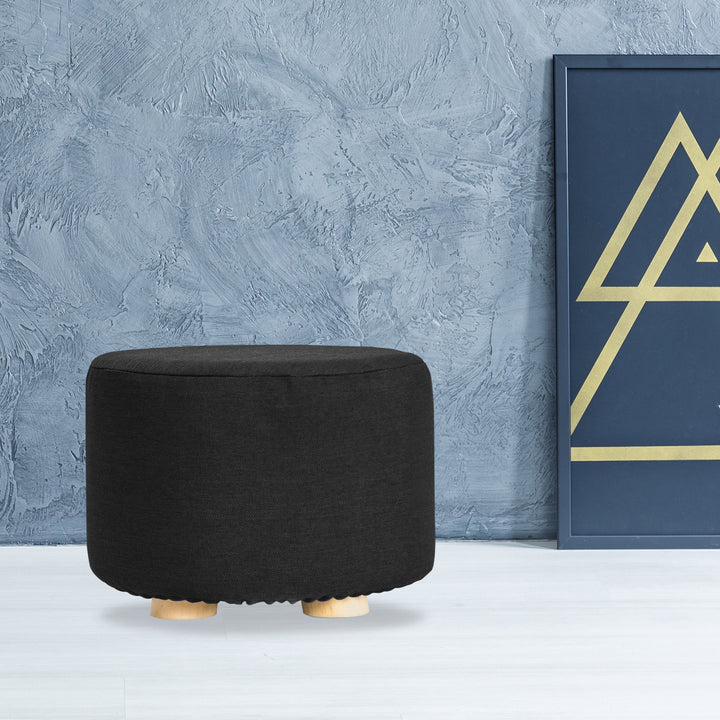 La Bella Black Fabric Ottoman Round Wooden Leg Foot Stool