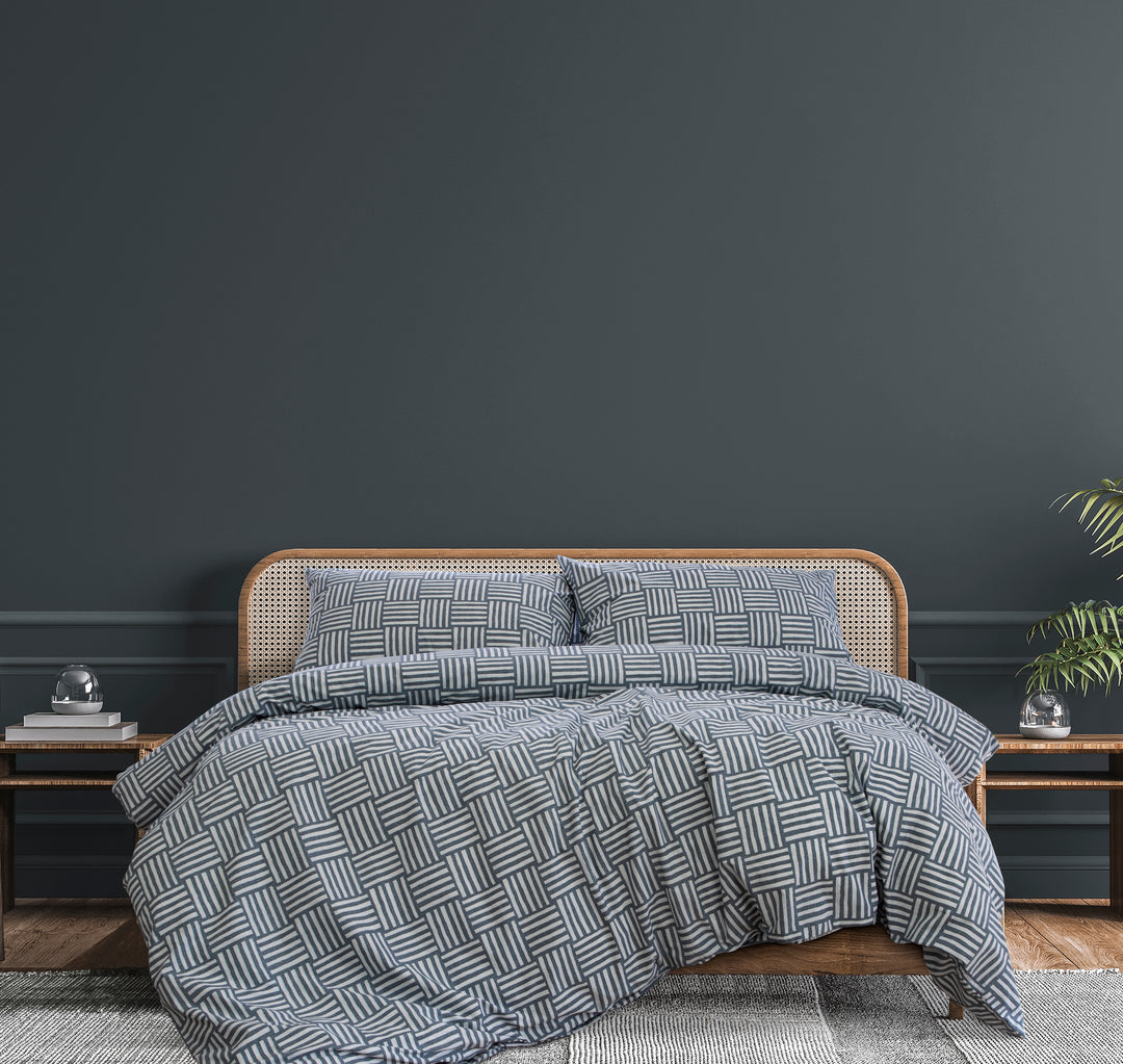 Fletcher Queen Quilt Cover Set by Ardor Boudoir – Faded Indigo Geo | King of Knives e-store