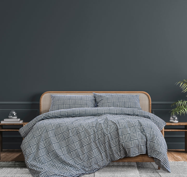 Fletcher Queen Quilt Cover Set by Ardor Boudoir – Faded Indigo Geo | King of Knives e-store