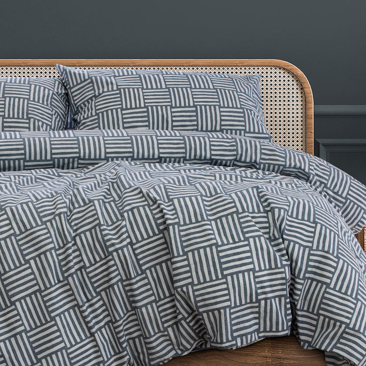Fletcher Queen Quilt Cover Set by Ardor Boudoir – Faded Indigo Geo | King of Knives e-store