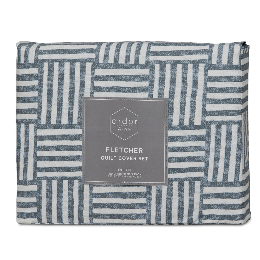 Fletcher Queen Quilt Cover Set by Ardor Boudoir – Faded Indigo Geo | King of Knives e-store
