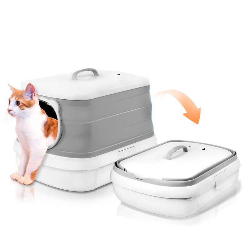 Grey foldable cat litter box with easy cleaning drawer design | Available at King of Knives e-store