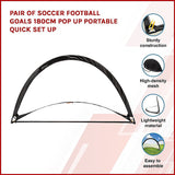 Pair of Soccer Football Goals 180cm Pop Up Portable Quick Set Up